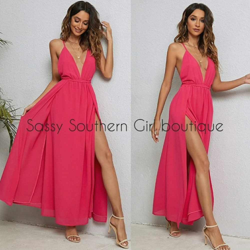 🆕⭐ Hot pink deep v-neck maxi dress